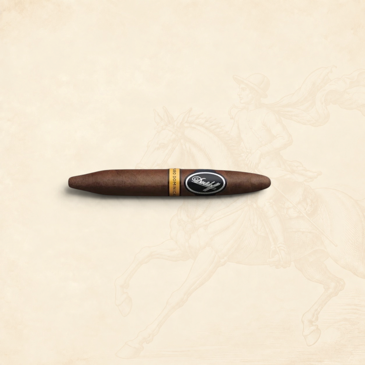 Arcadia Cigars Davidoff Puro Dominicano Corona Larga cigar with a dark brown wrapper on a textured cream background.
