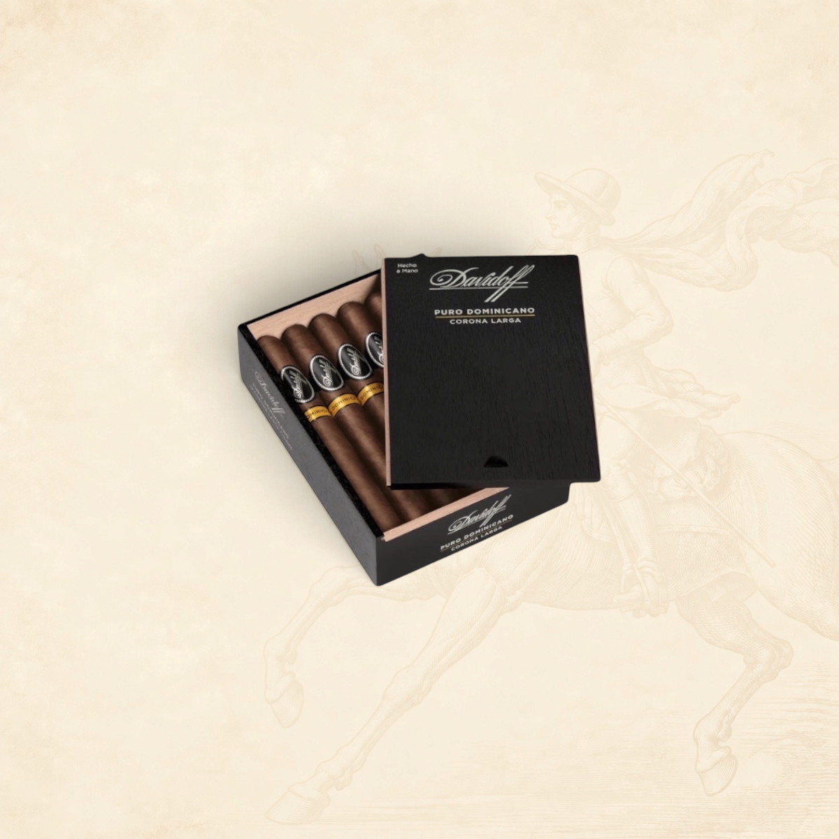 Arcadia Cigars Davidoff Puro Dominicano Corona Larga cigars in an open black wooden box on a neutral background