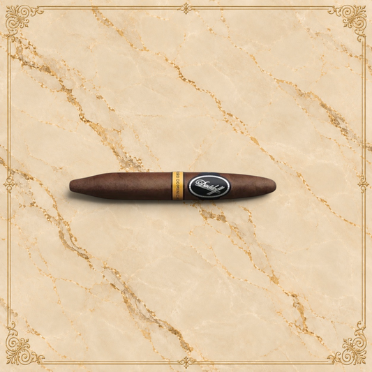 Arcadia Cigars Davidoff Puro Dominicano Corona Larga cigar with a dark brown wrapper on a textured cream background.