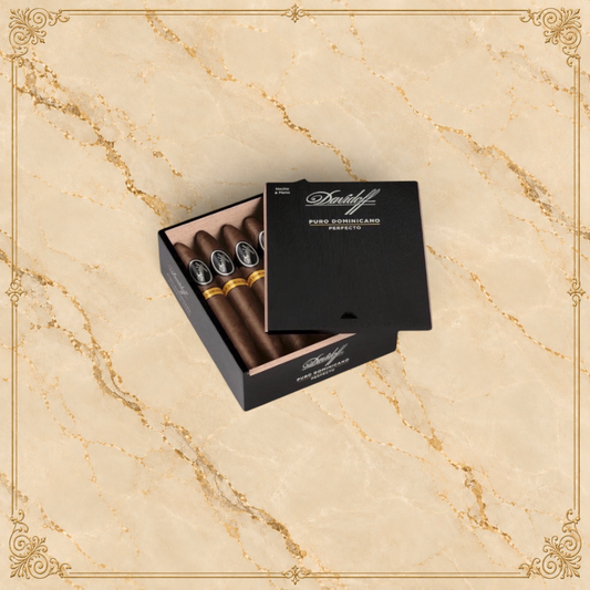 Arcadia Cigars Davidoff Puro Dominicano Perfecto cigars in an open black wooden box on a neutral background