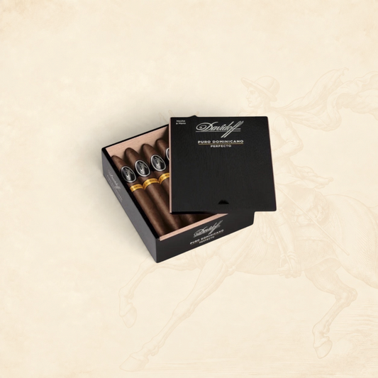 Arcadia Cigars Davidoff Puro Dominicano Perfecto cigars in an open black wooden box on a neutral background