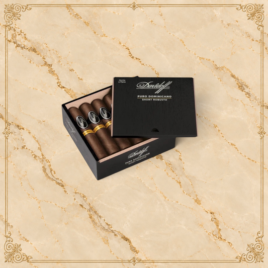 Arcadia Cigars Davidoff Puro Dominicano Short Robusto cigars in an open black wooden box on a neutral background