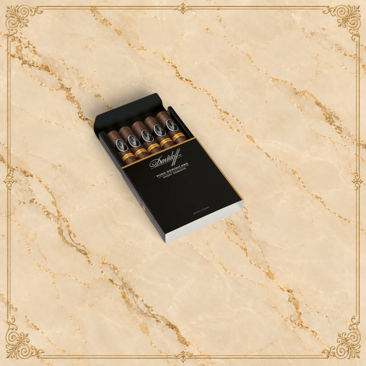 Arcadia Cigars Davidoff Puro Dominicano Short Robusto cigars in a black presentation box with gold branding.