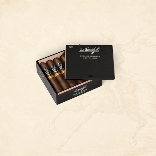 Arcadia Cigars Davidoff Puro Dominicano Short Robusto cigars in an open black wooden box on a neutral background