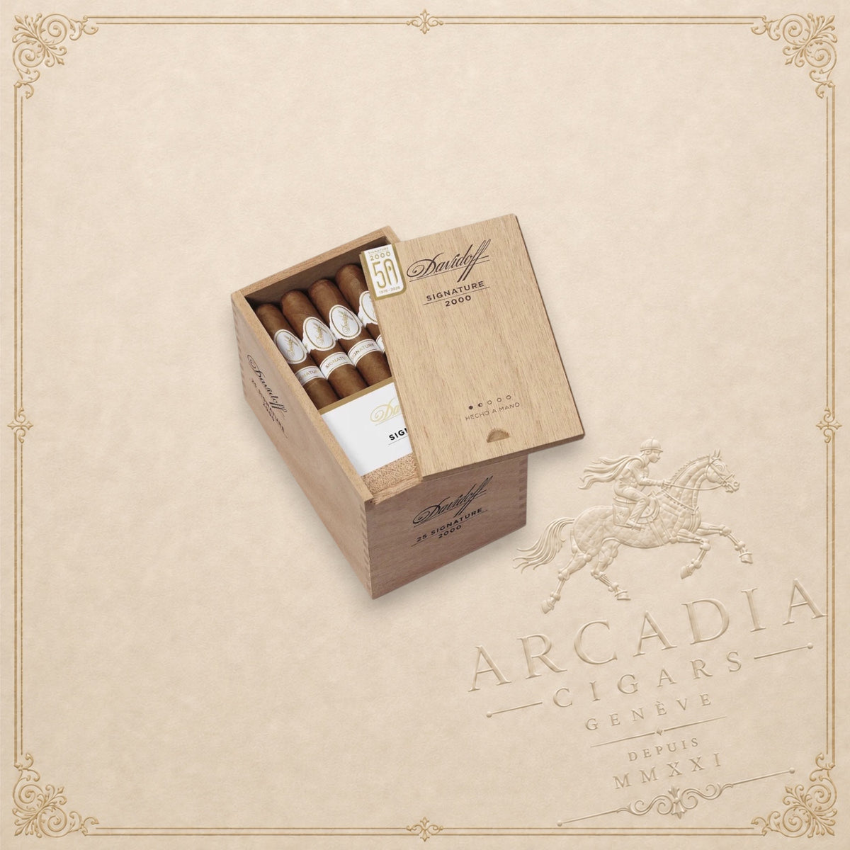 Arcadia Cigars Davidoff Signature 2000 vintage corona cigars in a wooden box with gold branding on a world map background