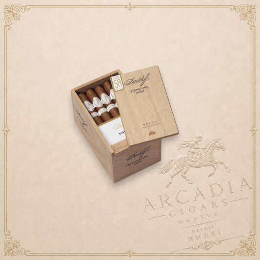 Arcadia Cigars Davidoff Signature 2000 vintage corona cigars in a wooden box with gold branding on a world map background