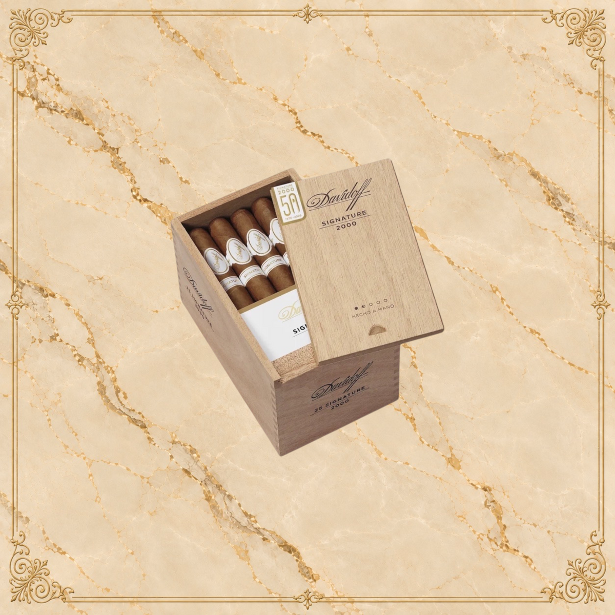 Arcadia Cigars Davidoff Signature 2000 vintage corona cigars in a wooden box with gold branding on a world map background