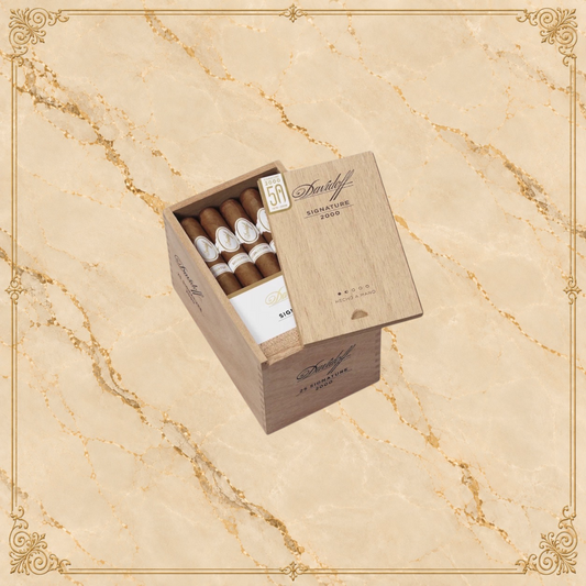 Arcadia Cigars Davidoff Signature 2000 vintage corona cigars in a wooden box with gold branding on a world map background
