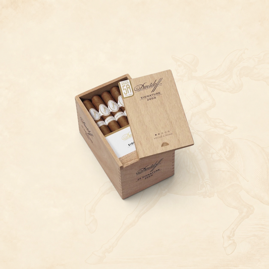 Arcadia Cigars Davidoff Signature 2000 vintage corona cigars in a wooden box with gold branding on a world map background