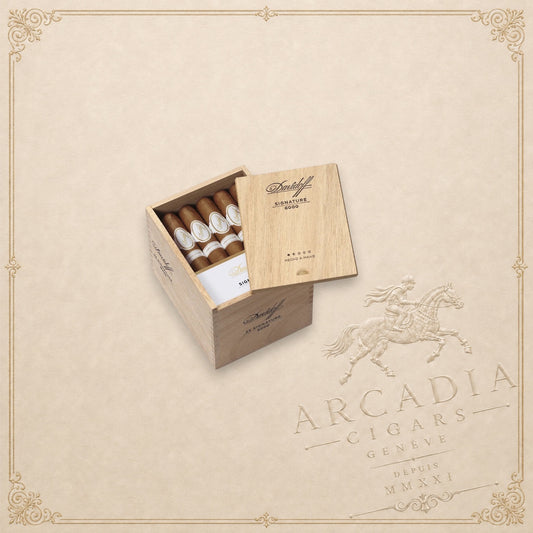 Arcadia Cigars Davidoff Signature 6000 Vintage 2023 premium cigars in a wooden box with elegant branding