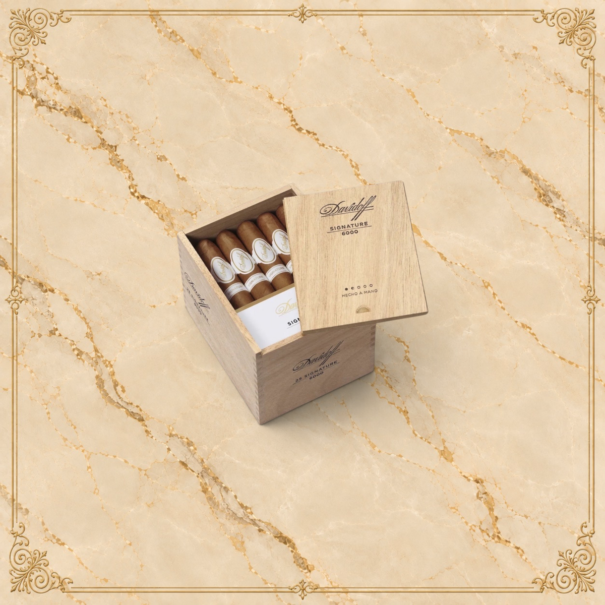 Arcadia Cigars Davidoff Signature 6000 Vintage 2023 premium cigars in a wooden box with elegant branding