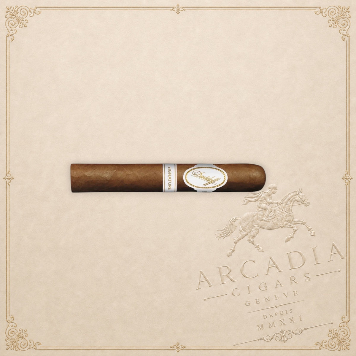 Arcadia Cigars Davidoff Signature 6000 Vintage 2023 premium cigar with white and gold brand band on parchment background