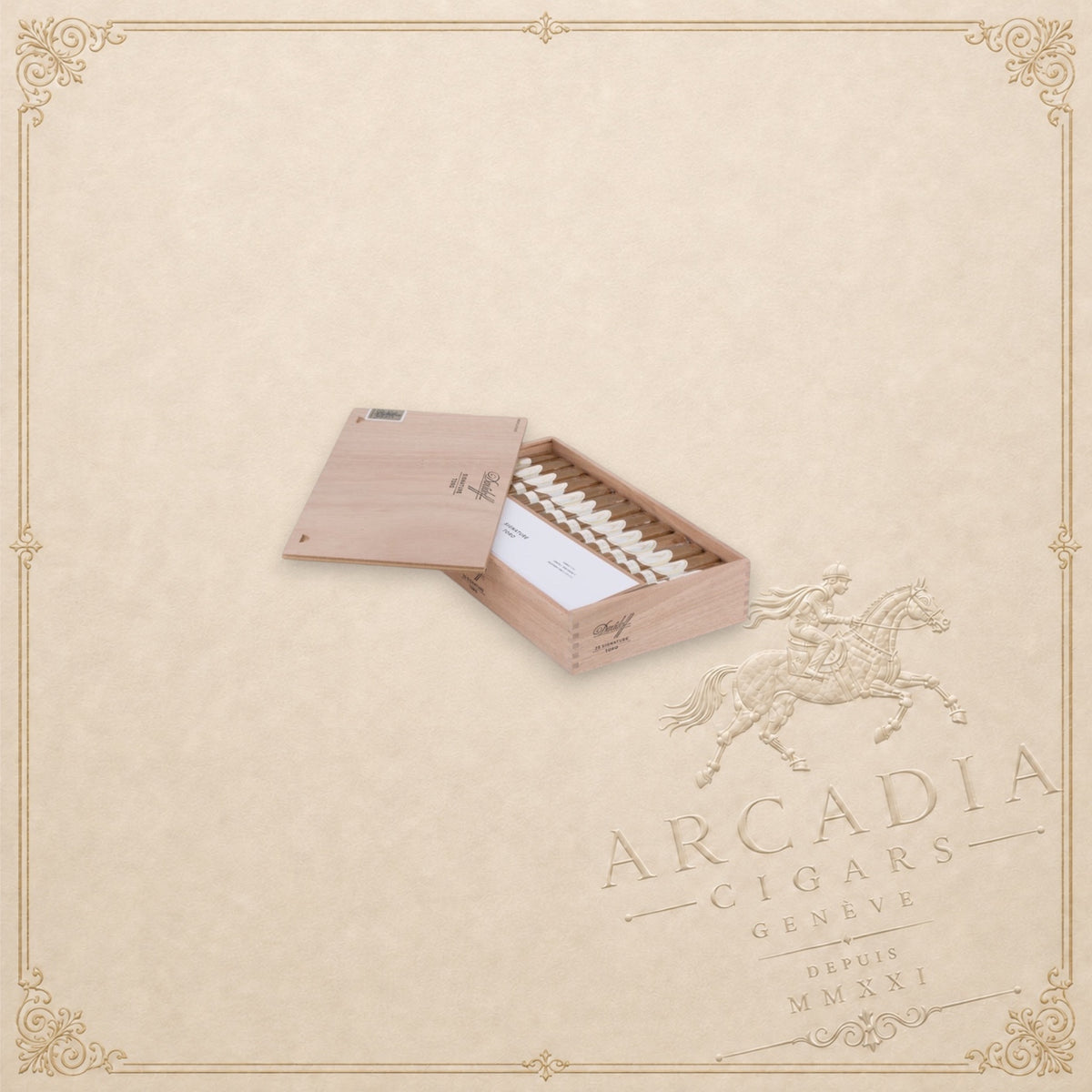 Arcadia Cigars Davidoff Signature Toro Vintage 2023 cigar box with aged tobacco cigars on a beige world map background