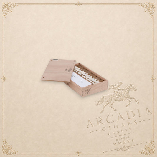 Arcadia Cigars Davidoff Signature Toro Vintage 2023 cigar box with aged tobacco cigars on a beige world map background