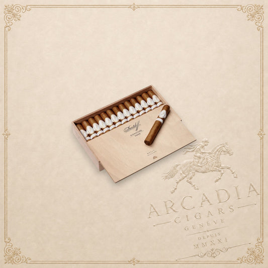 Arcadia Cigars Davidoff Signature Toro Vintage 2023 box with premium light brown cigars on a cream background