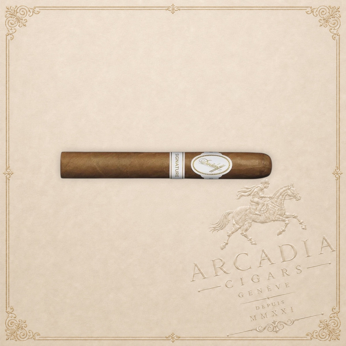Arcadia Cigars Davidoff Signature Vintage 2000 corona cigar with white and gold band on a textured cream background.
