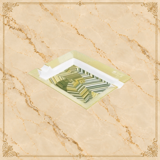 Arcadia Cigars Davidoff Cave de Paille ashtray, golden-beige straw marquetry with green abstract pattern on lacquered base.