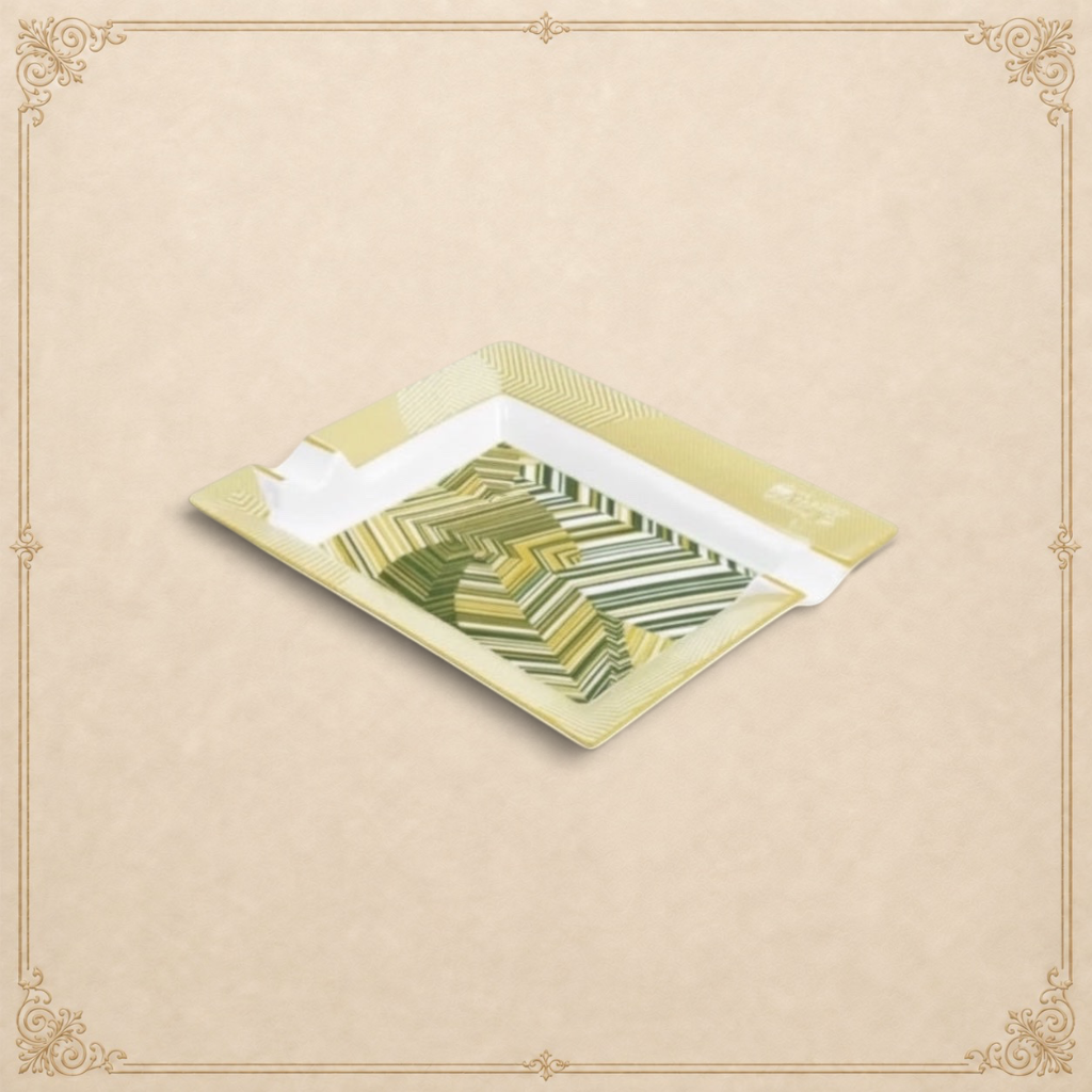Arcadia Cigars Davidoff Cave de Paille ashtray, golden-beige straw marquetry with green abstract pattern on lacquered base.