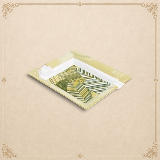 Arcadia Cigars Davidoff Cave de Paille ashtray, golden-beige straw marquetry with green abstract pattern on lacquered base.
