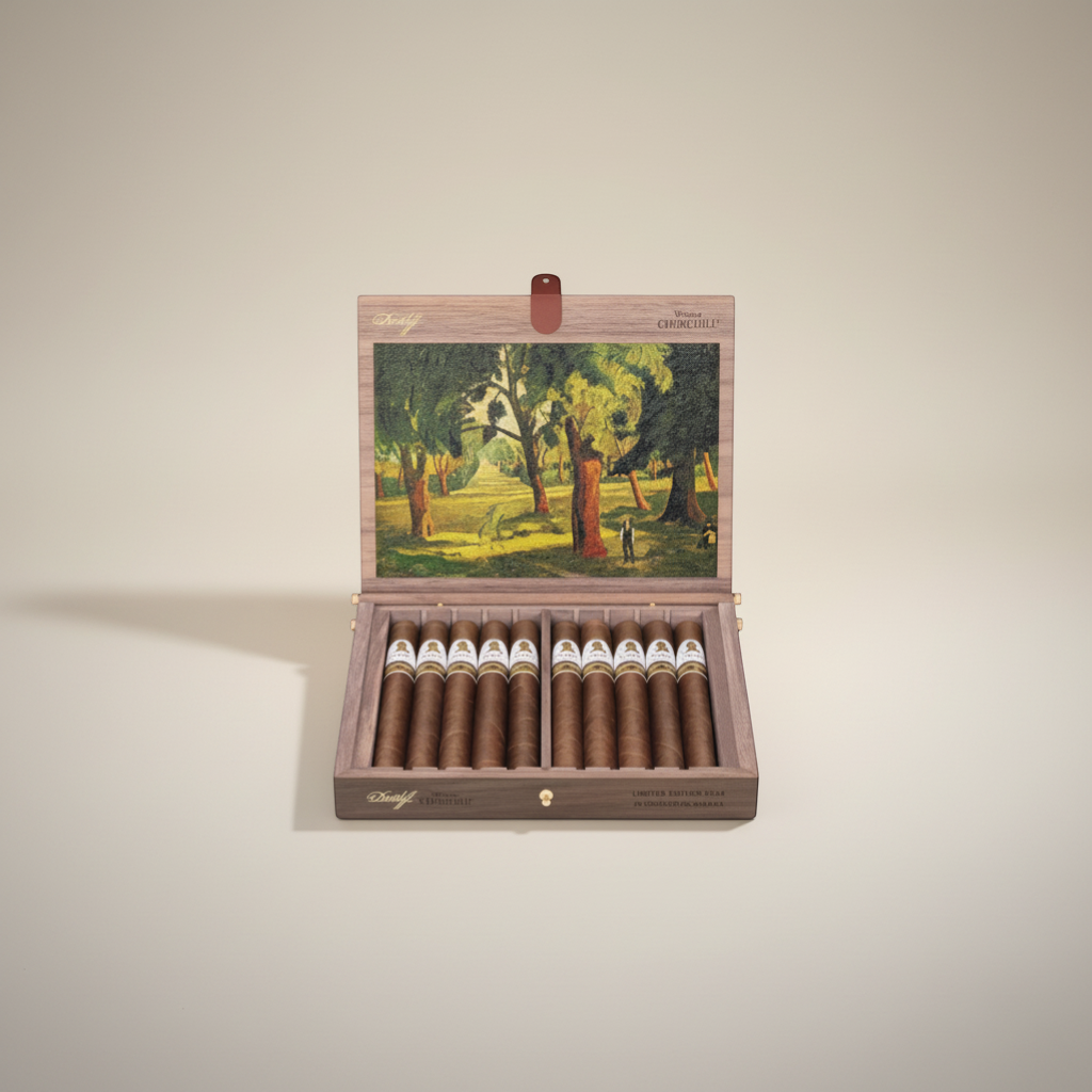 Arcadia Cigars Davidoff Winston Churchill Limited Edition 2025 box of 10 Churchill size cigars with Ecuadorian Connecticut wrapper.