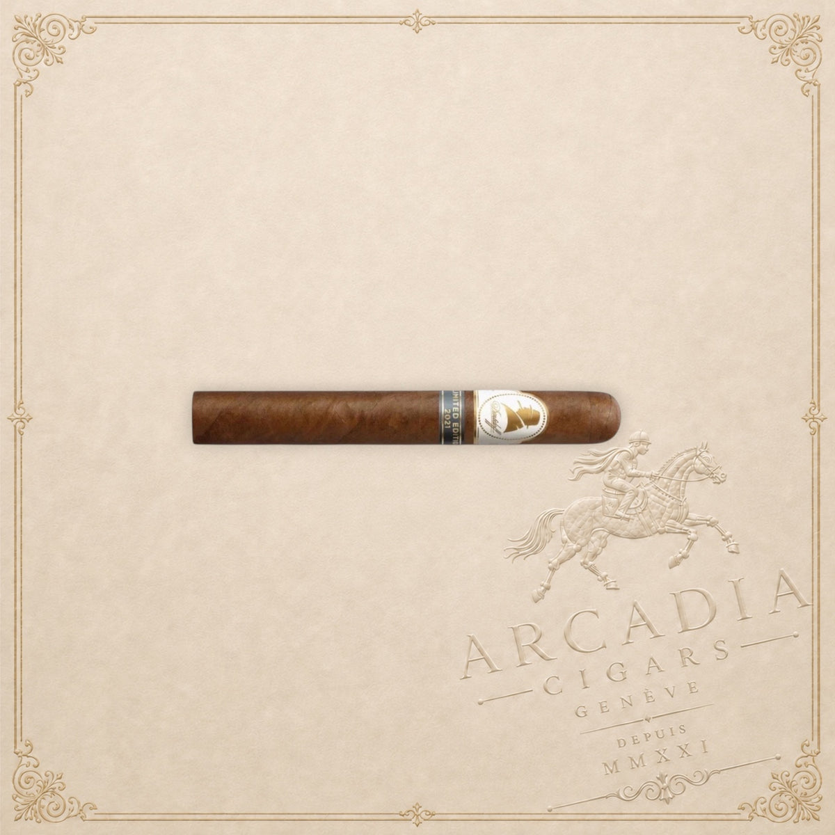 Arcadia Cigars Davidoff Winston Churchill Toro Limited Edition 2021 cigar with a dark brown wrapper on a beige background