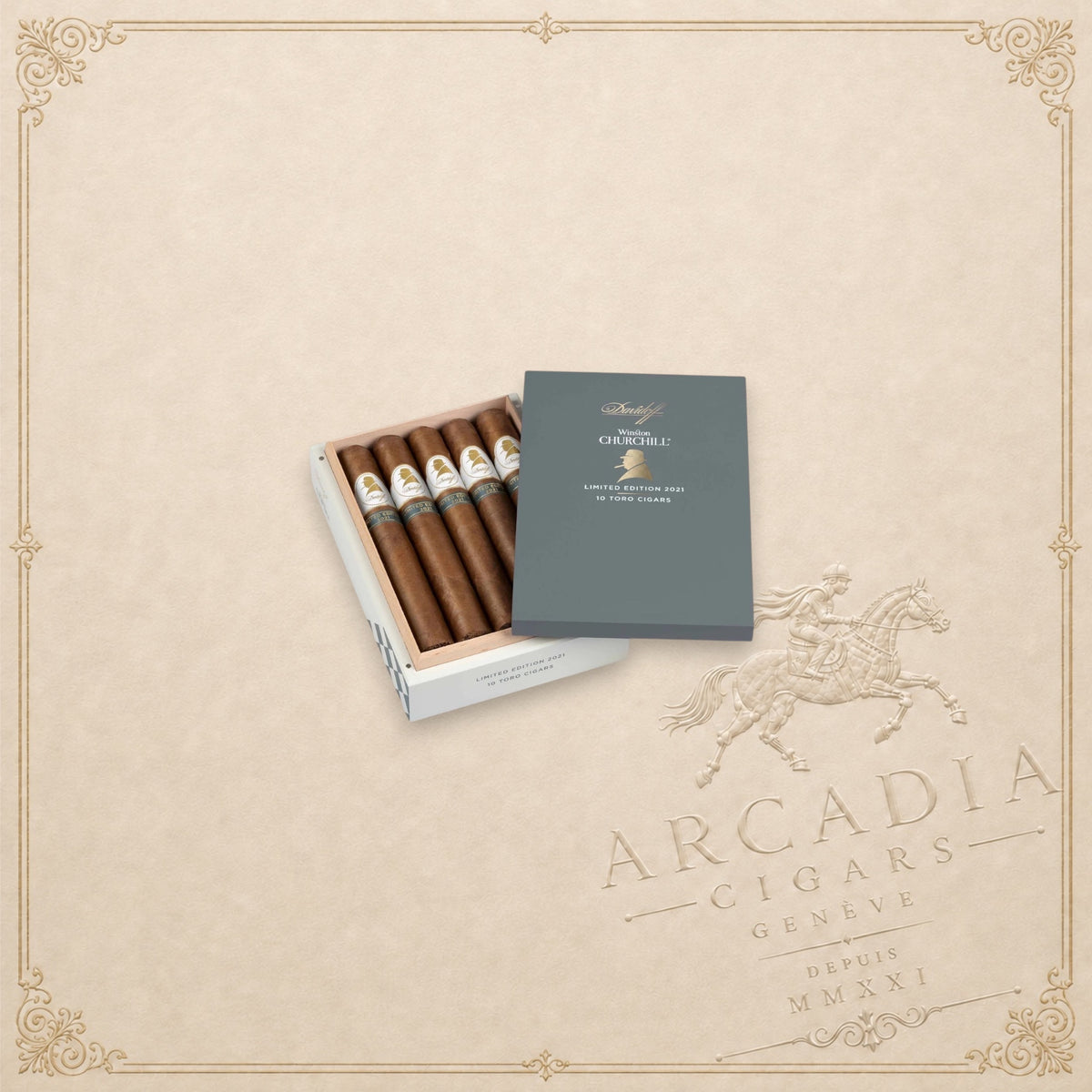 Arcadia Cigars Davidoff Winston Churchill Toro Limited Edition 2021 cigar box with ten premium cigars