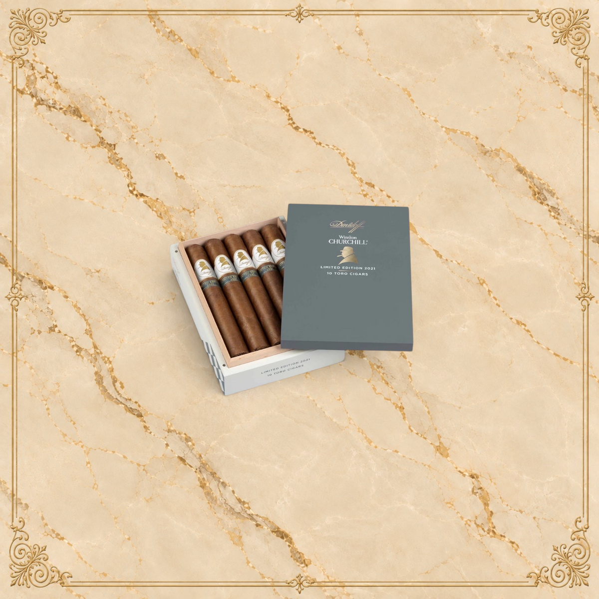 Arcadia Cigars Davidoff Winston Churchill Toro Limited Edition 2021 cigar box with ten premium cigars