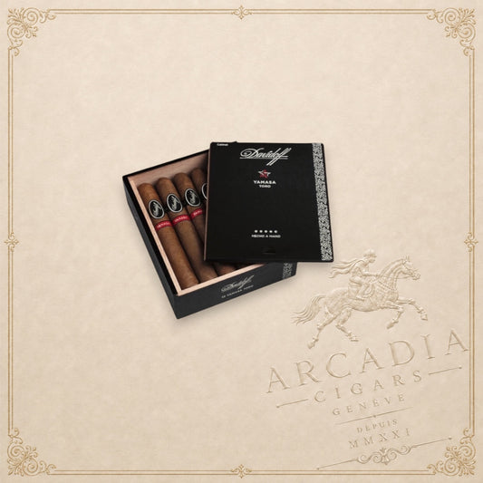Arcadia Cigars Davidoff Yamasa Toro box with premium cigars featuring dark wrappers and signature branded bands.