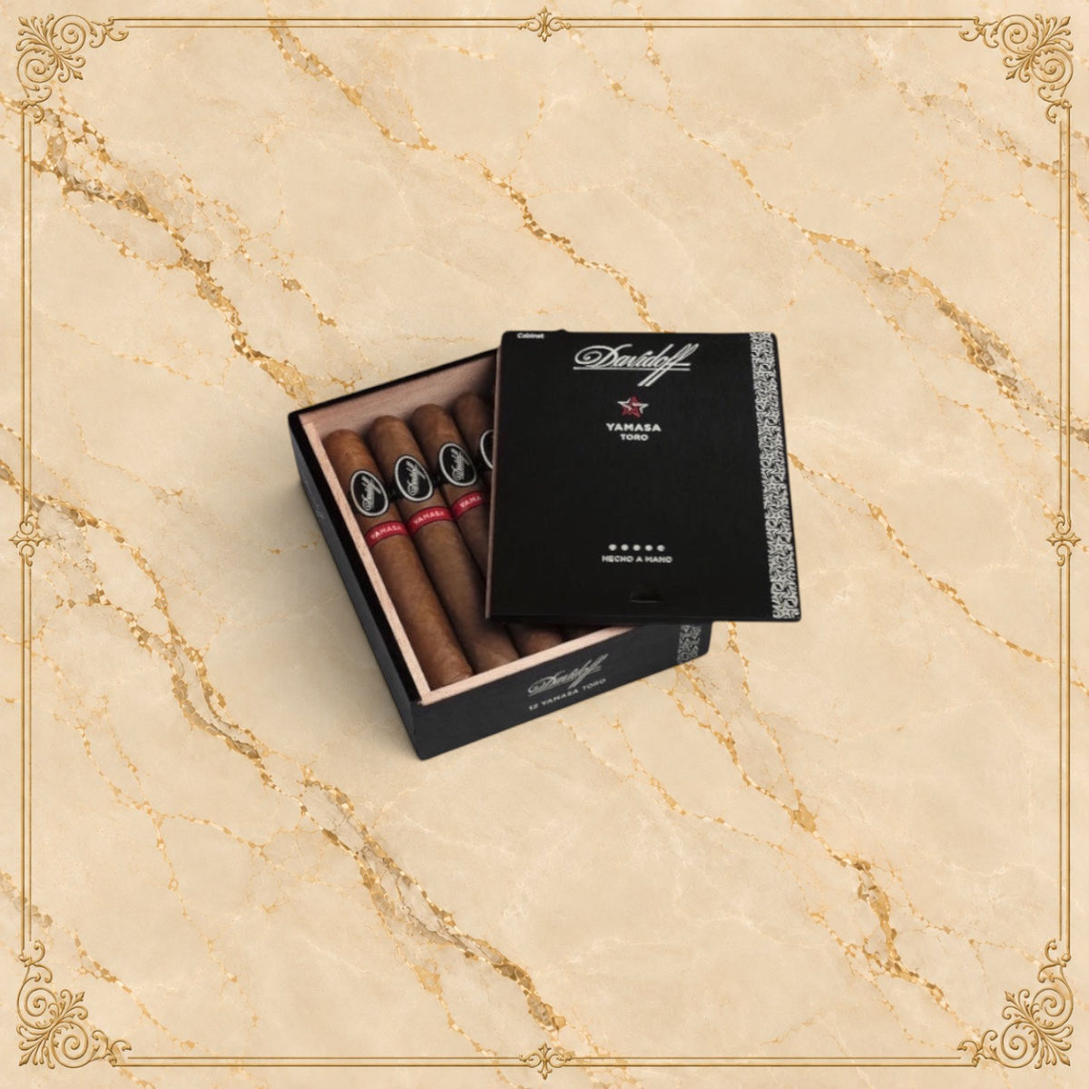 Arcadia Cigars Davidoff Yamasa Toro box with premium cigars featuring dark wrappers and signature branded bands.