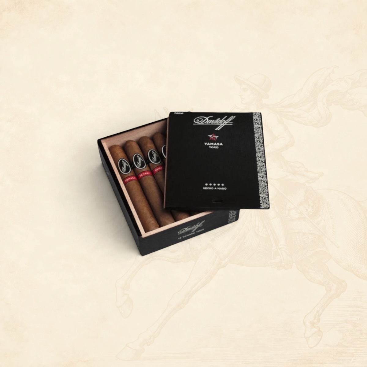 Arcadia Cigars Davidoff Yamasa Toro box with premium cigars featuring dark wrappers and signature branded bands.