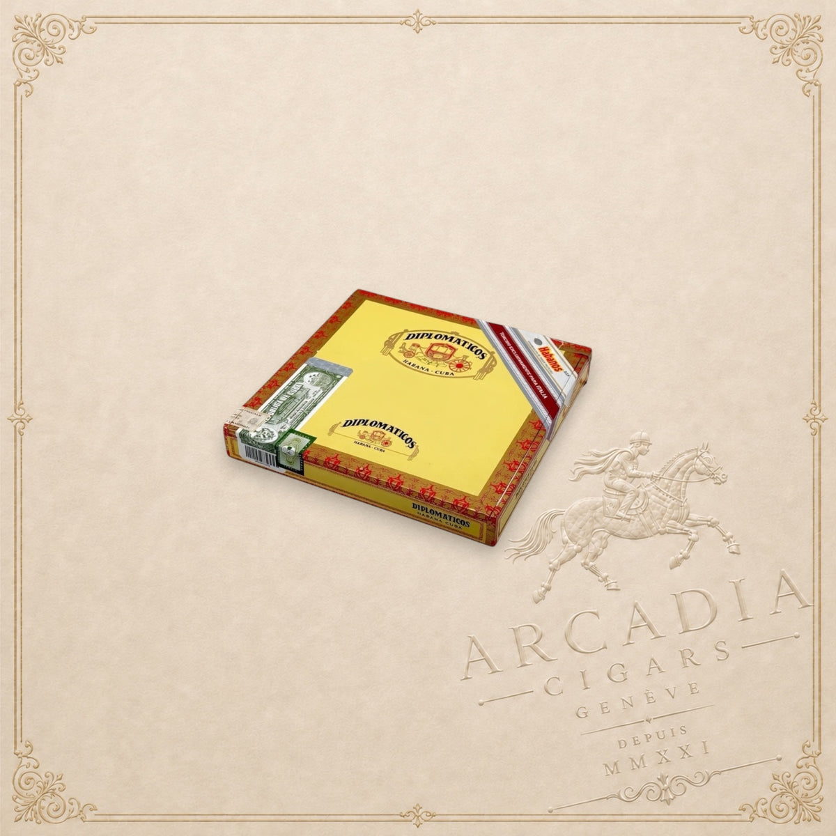 Arcadia Cigars Diplomaticos Legendarios Regional Edition Italia 2023 cigar box with yellow and red branding