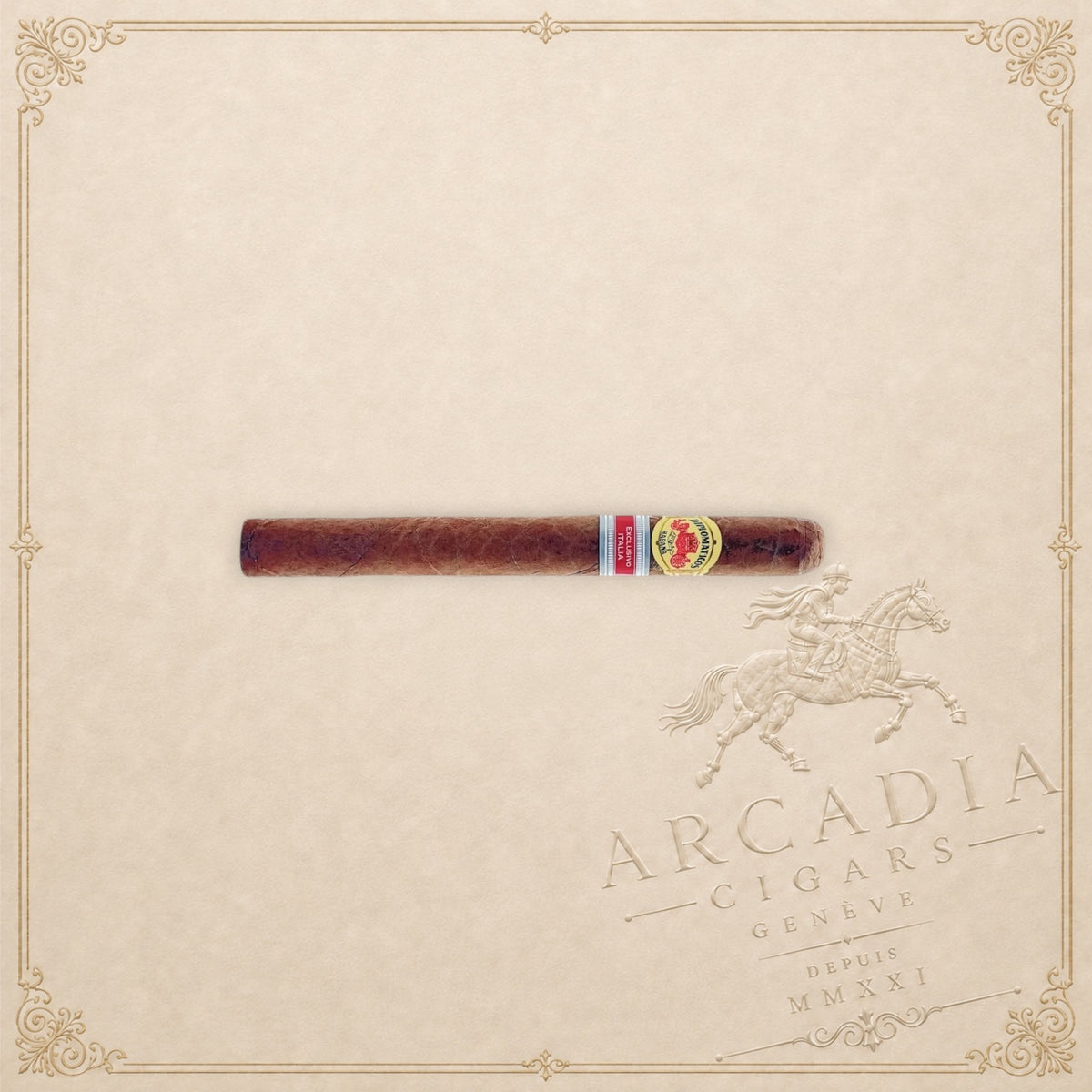 Arcadia Cigars Diplomaticos Legendarios Italia 2023 cigar with detailed bands on a textured cream background