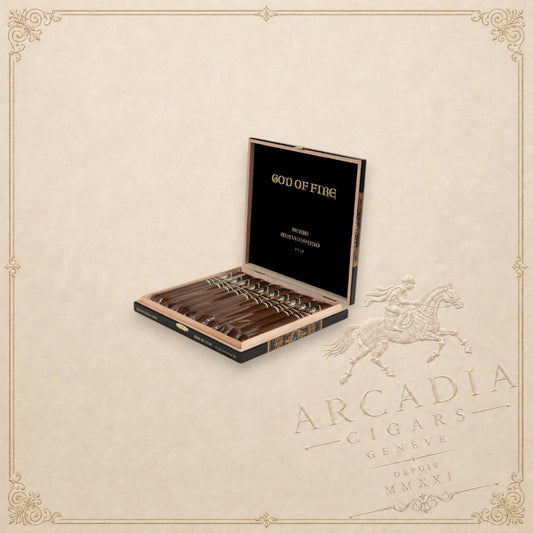 Arcadia Cigars God of Fire Serie Aniversario 54 cigars presented in a premium black wooden collector box