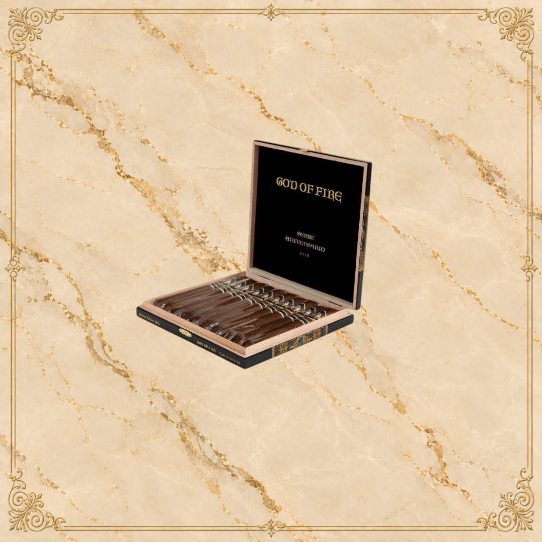 Arcadia Cigars God of Fire Serie Aniversario 54 cigars presented in a premium black wooden collector box