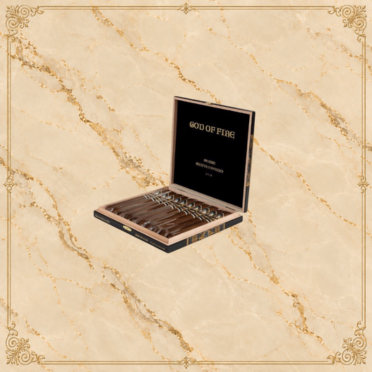 Arcadia Cigars God of Fire Serie Aniversario 54 cigars presented in a premium black wooden collector box