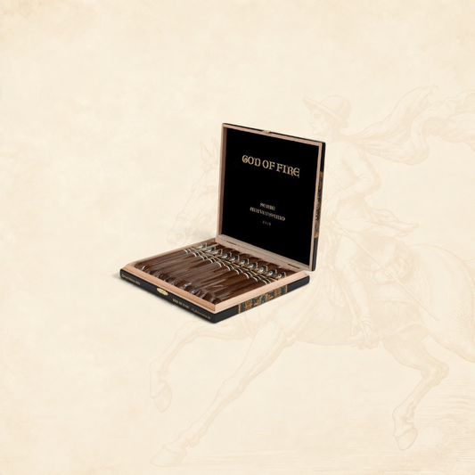 Arcadia Cigars God of Fire Serie Aniversario 54 cigars presented in a premium black wooden collector box
