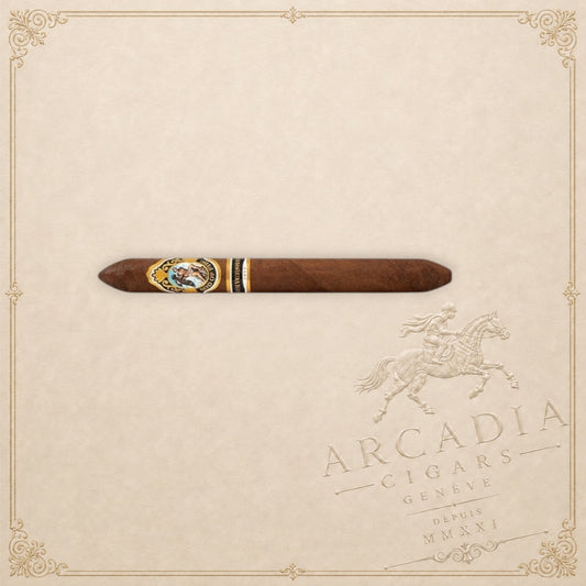 Arcadia Cigars God of Fire Serie Aniversario 54 premium cigar with ornate gold and black band on textured background