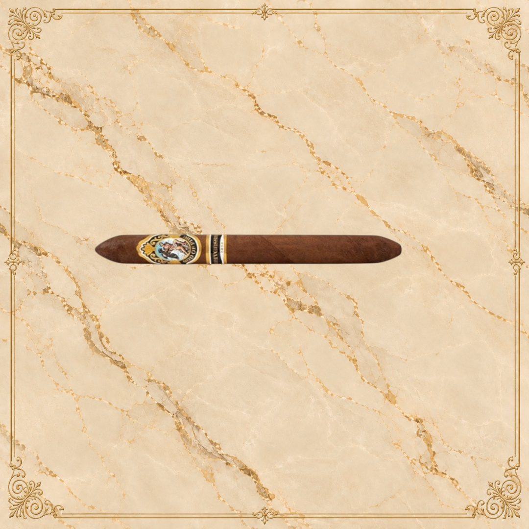 Arcadia Cigars God of Fire Serie Aniversario 54 premium cigar with ornate gold and black band on textured background