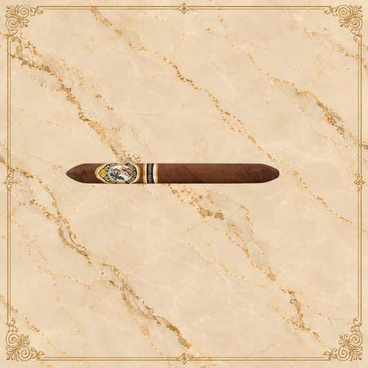 Arcadia Cigars God of Fire Serie Aniversario 54 premium cigar with ornate gold and black band on textured background