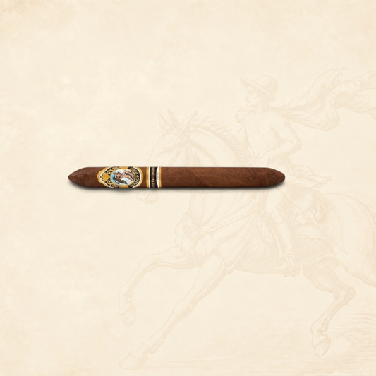 Arcadia Cigars God of Fire Serie Aniversario 54 premium cigar with ornate gold and black band on textured background
