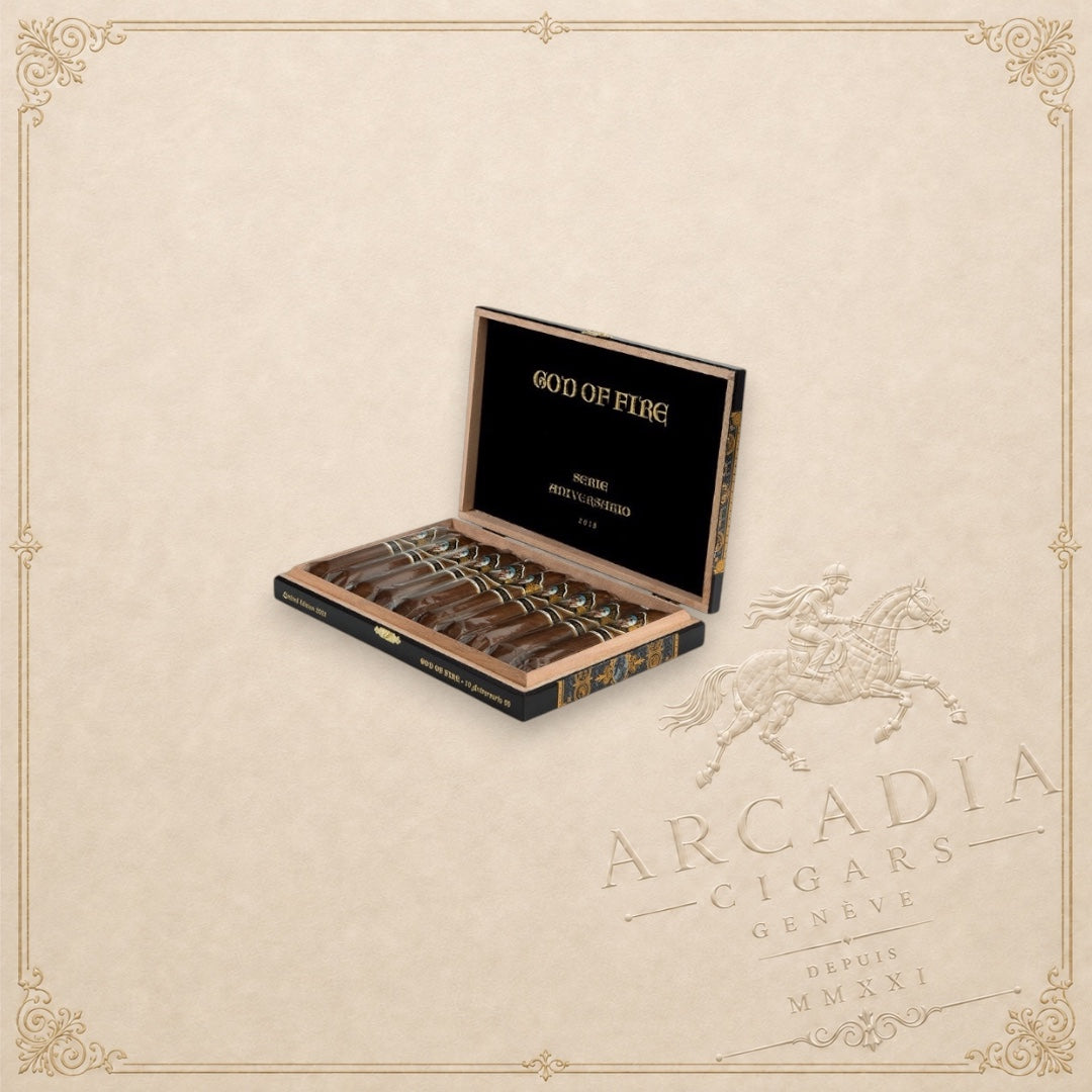 Arcadia Cigars God of Fire Serie Aniversario 60 premium cigars presented in a decorative black and gold wooden box