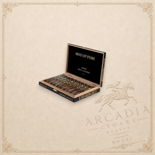 Arcadia Cigars God of Fire Serie Aniversario 60 premium cigars presented in a decorative black and gold wooden box
