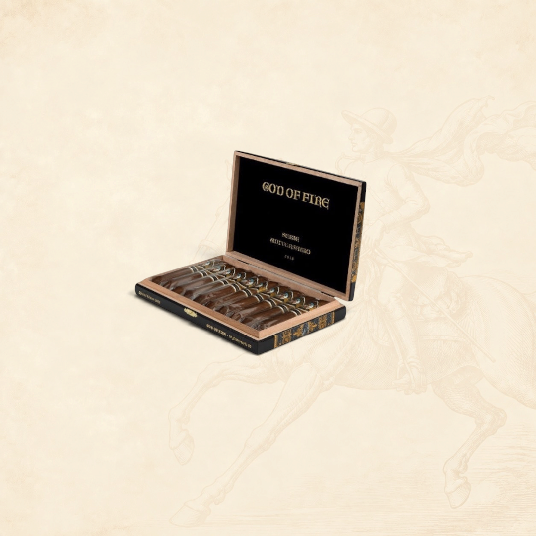 Arcadia Cigars God of Fire Serie Aniversario 60 premium cigars presented in a decorative black and gold wooden box