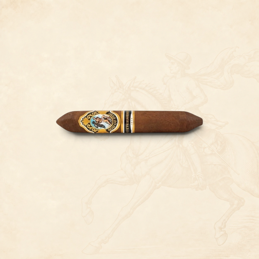 Arcadia Cigars God of Fire Serie Aniversario 60 cigar with ornate gold and black band on a textured cream background.
