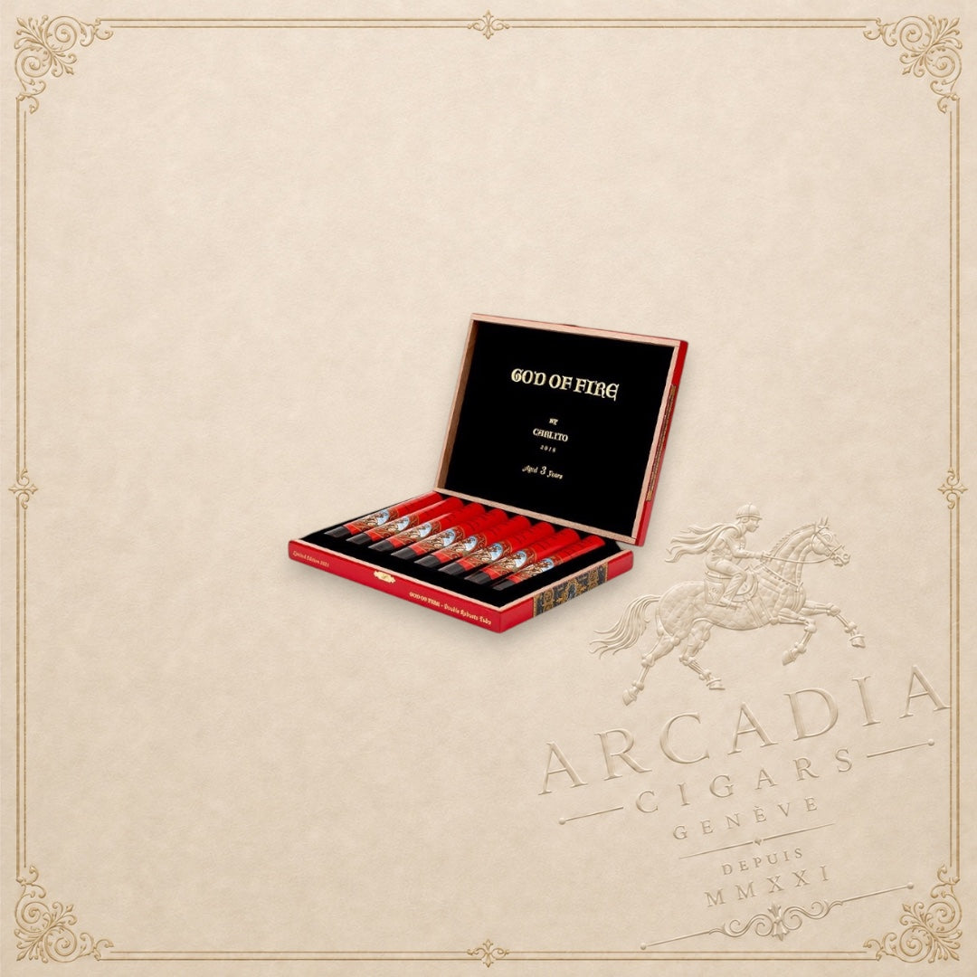 Arcadia Cigars God of Fire by Carlito Churchill cigar box containing premium cigars with ornate red and gold bands