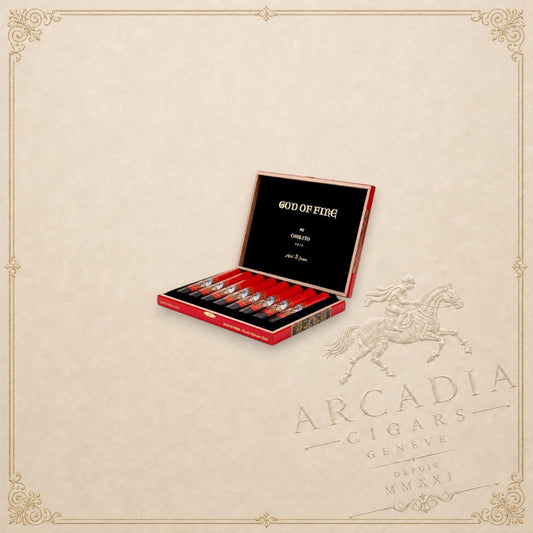 Arcadia Cigars God of Fire by Carlito Churchill cigar box containing premium cigars with ornate red and gold bands