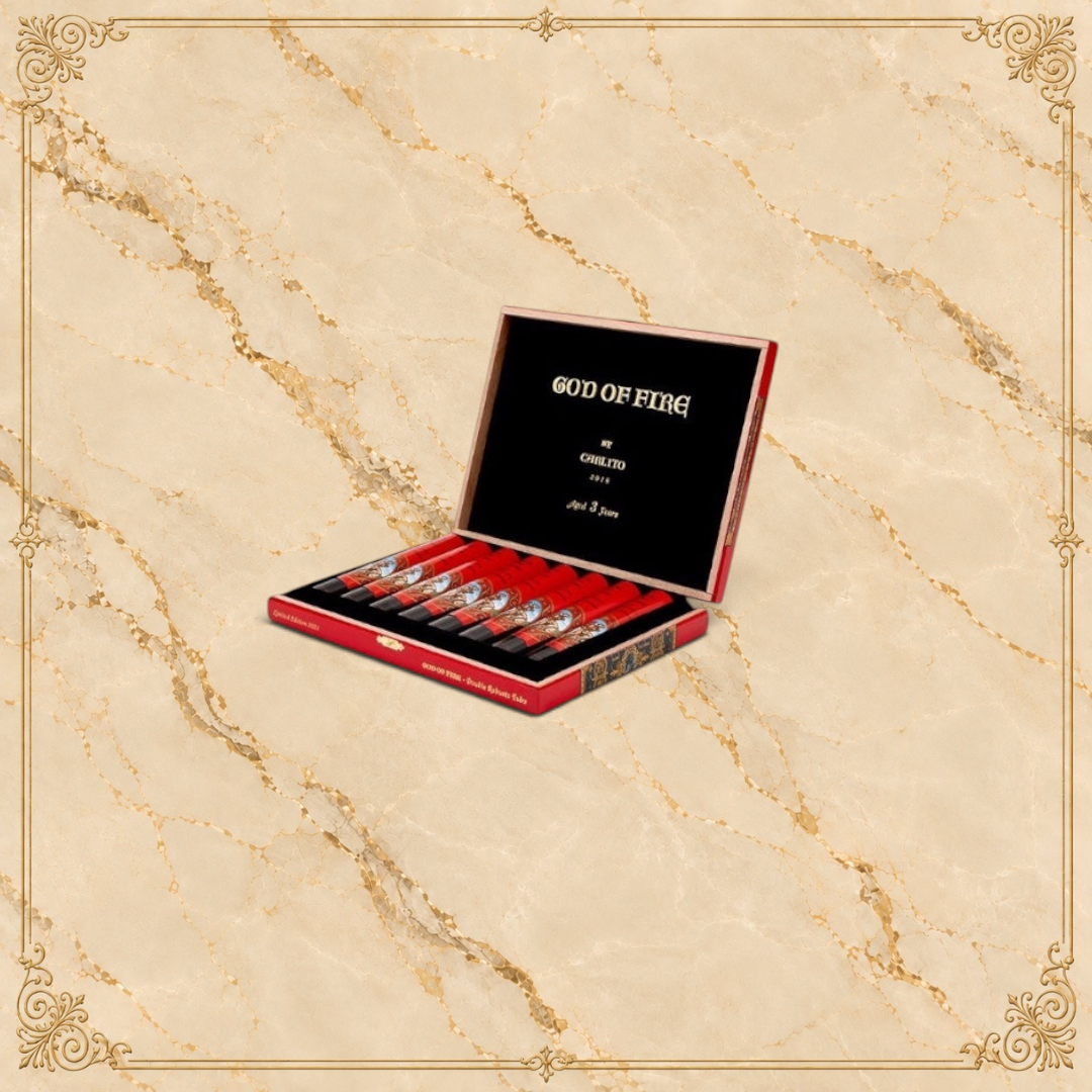 Arcadia Cigars God of Fire by Carlito Churchill cigar box containing premium cigars with ornate red and gold bands