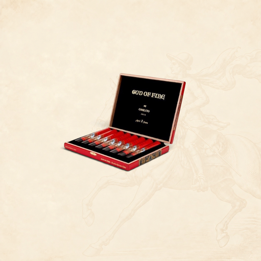 Arcadia Cigars God of Fire by Carlito Churchill cigar box containing premium cigars with ornate red and gold bands