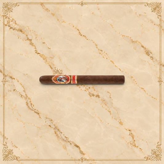 Arcadia Cigars God of Fire by Carlito Churchill cigar with a detailed ornate band on a textured cream background