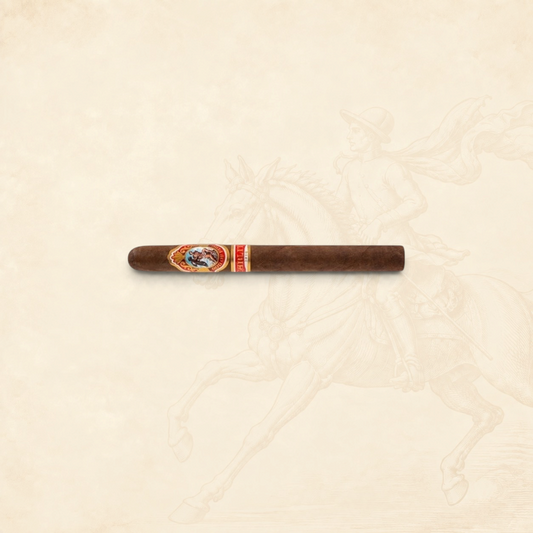 Arcadia Cigars God of Fire by Carlito Churchill cigar with a detailed ornate band on a textured cream background